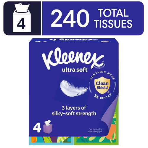 (8 pack) Kleenex Ultra Soft Facial Tissues, 4 Cube Boxes, 60 Tissues per Box, 3-Ply