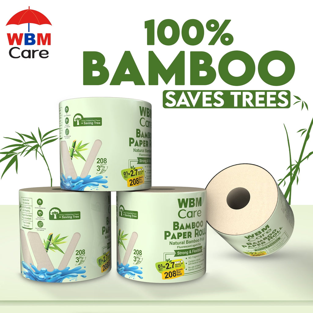 WBM Care Natural Bamboo Toilet Paper, 3-Ply, Unbleached, Tree-Free, 208 Sheets per Roll, 10 Rolls, Soft and Gentle Bath Tissue, Chemical-Free