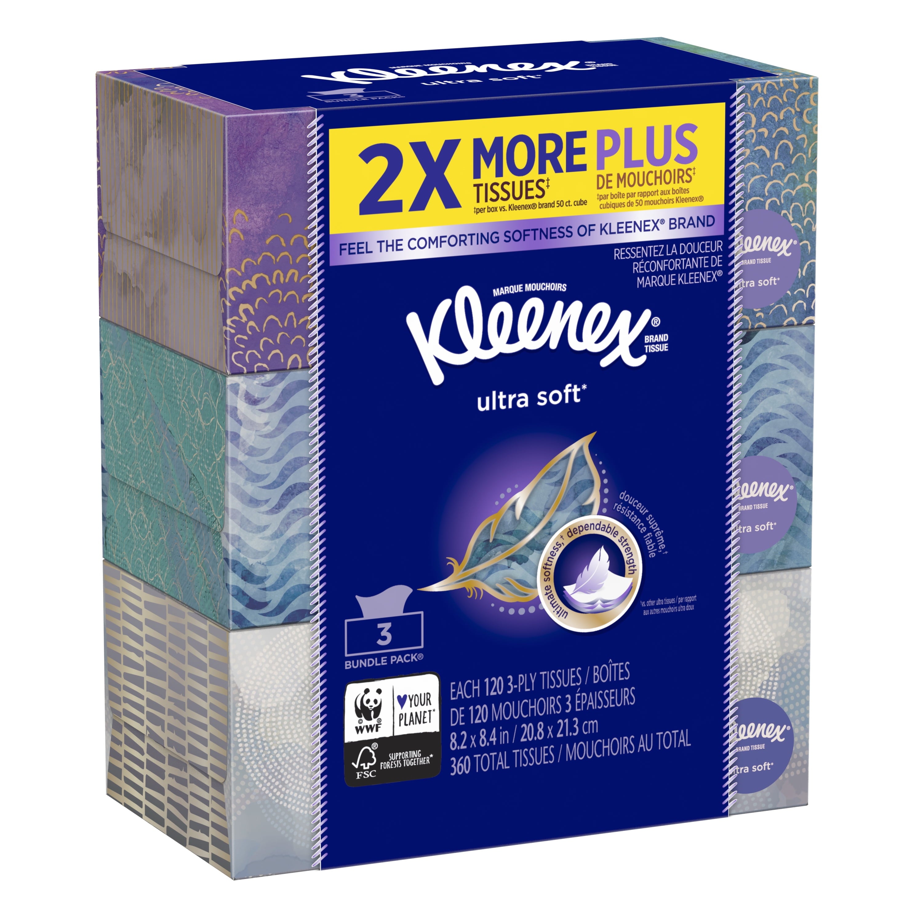 Kleenex Ultra Soft Facial Tissues, 3 Flat Boxes (360 Total Tissues)