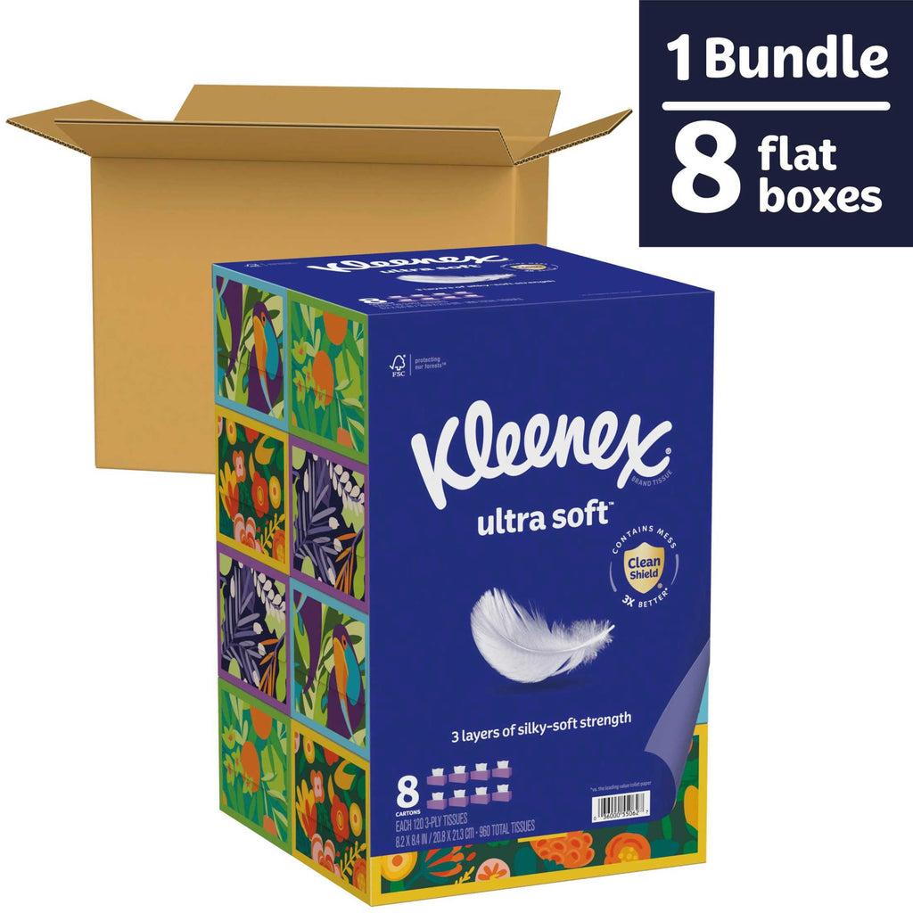 Kleenex Ultra Soft 3-Ply Flat Box Facial Tissues, 4 Pack (480 Total Tissues)