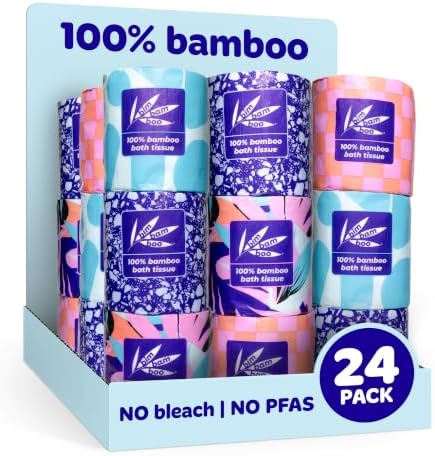 Bim Bam Boo 100% Bamboo Organic Chemical-Free Bulk Toilet Paper, Cloud-like Softness, Plant-Based Sustainable Tree-Free Bathroom Tissue, 24 Eco-Friendly Rolls, 2 Ply, 295 Sheets for RV and Camping