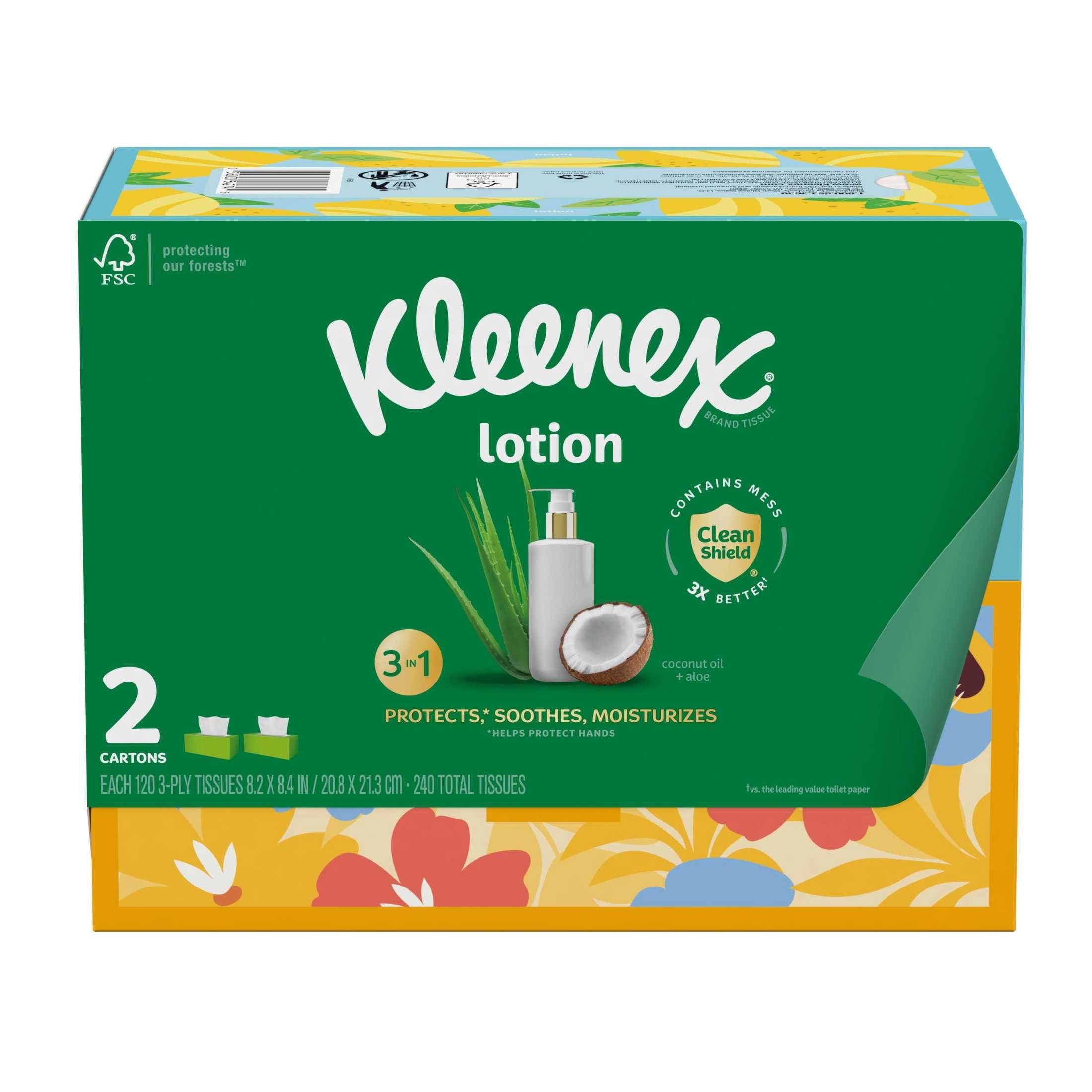Kleenex Lotion Facial Tissues with Coconut Oil, 2 Flat Boxes, 120 Tissues per Box, 3-Ply