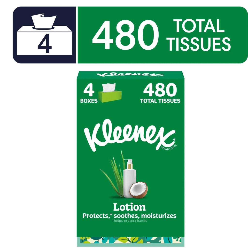 Kleenex Lotion with Coconut Oil and Aloe 3-Ply Facial Tissues, 4 Pack, 480 Tissues