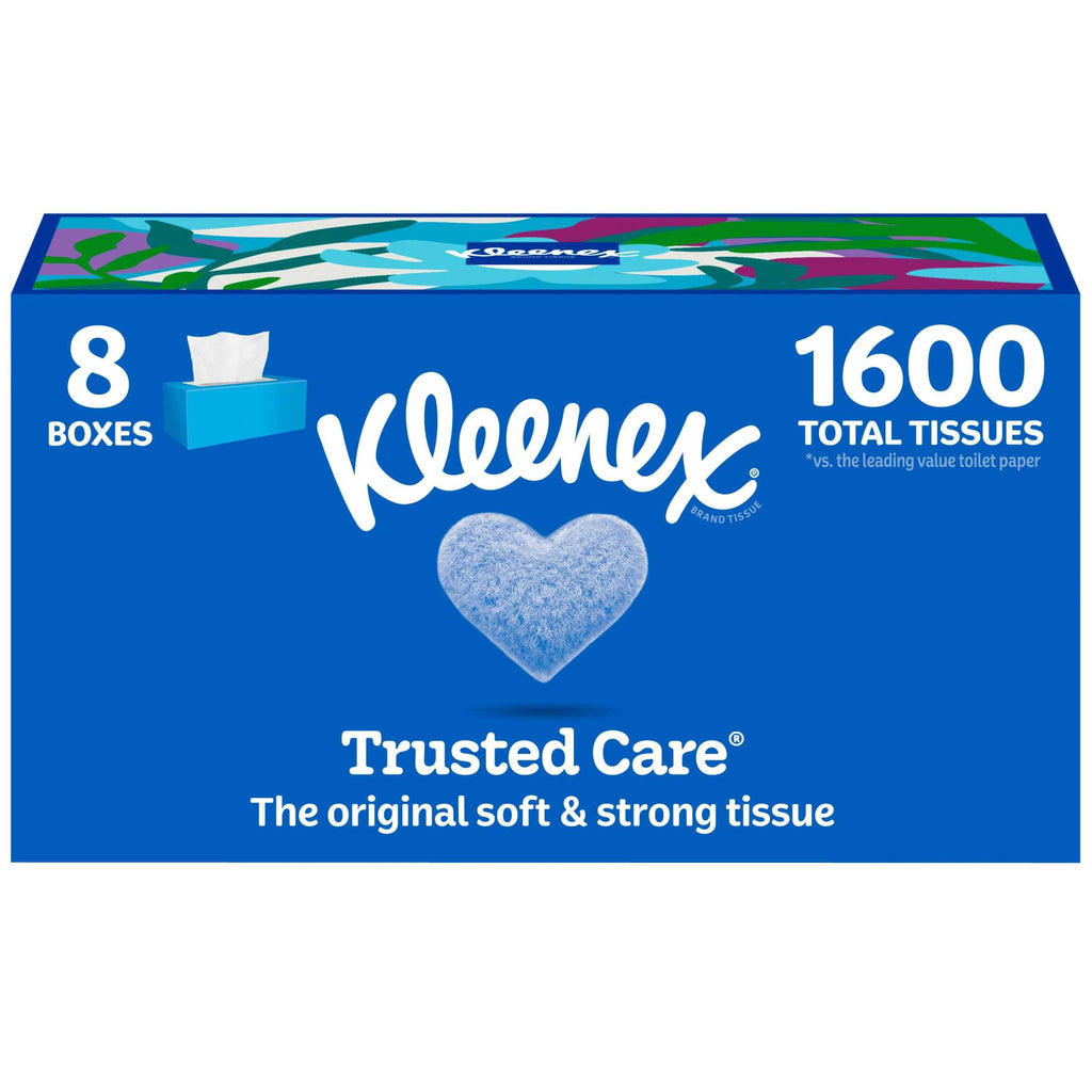 Kleenex Trusted Care 2-Ply Flat Box Facial Tissues, 8 Pack (1600 Total Tissues)
