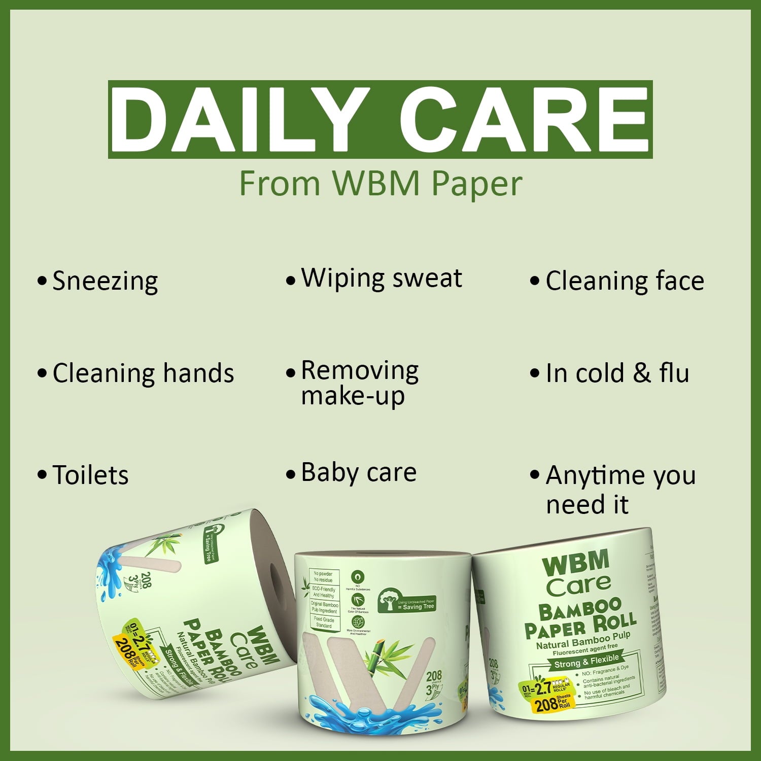 WBM Care Natural Bamboo Toilet Paper, 3-Ply, Unbleached, Tree-Free, 208 Sheets per Roll, 10 Rolls, Soft and Gentle Bath Tissue, Chemical-Free