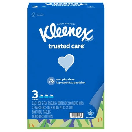 Kleenex Trusted Care Facial Tissues, 3 Flat Boxes, 200 Tissues per Box, 2-Ply (600 Total Tissues)