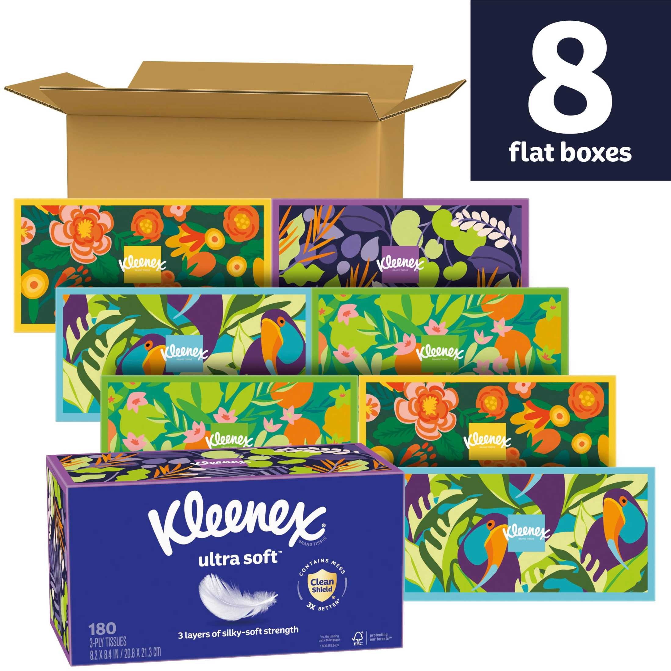 Kleenex Ultra Soft Facial Tissues, 8 Flat Boxes, 180 Tissues per Box, 3-Ply